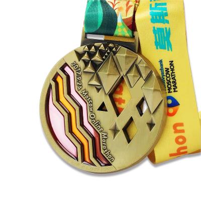 China High Quality Custom Europe Antique Brass 3D Gold Marathon Sports Metal Medal Silver Plated Running Medallion With Ribbon for sale