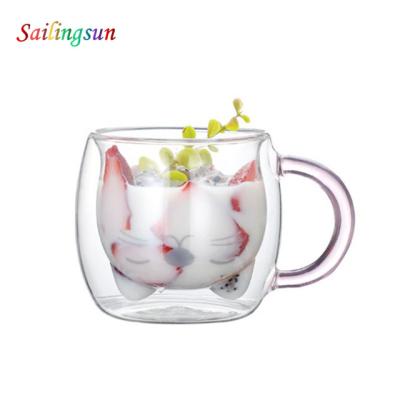 China Fancy Food Grade Cartoon Cat Safe Cute Handmade Pyrex Design Double Wall Glass Coffee Milk Mug for sale