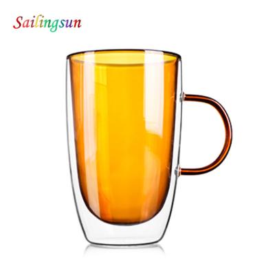 China Food Grade Safe Customize Logo Coffee Beverage Glass Mug Acceptable Colorful Tall Double Wall Pyrex Glass Mug for sale