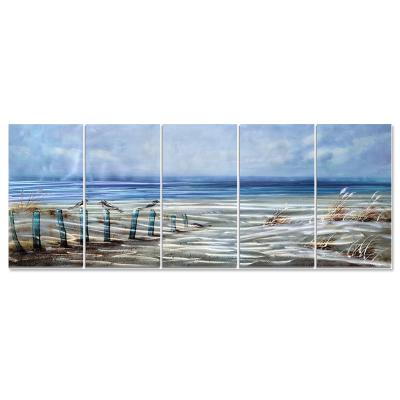 China Modern Fantasy Beach With Sea Bird Metal Wall Art Painting Hanging Decor Metal Group Art for sale