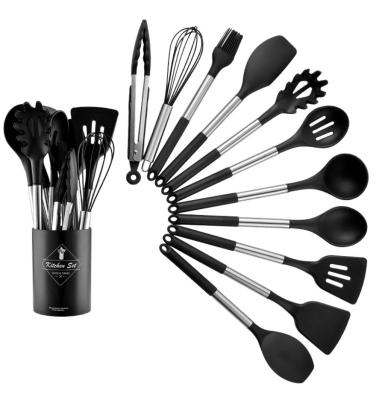 China 13 Pieces Sustainable Silicone Kitchen Tool Kit Cookware With Rack Cooking Kitchen Accessories OEM Black Color for sale