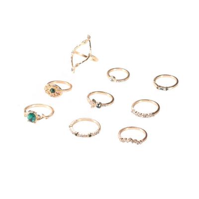 China TRENDY 9pcs/Lady Jewelry Ring Hollow Diamond Oval Green Set Crystal Gold Rhinestone Plated Open Stacked Ring Knuckle Ring for sale