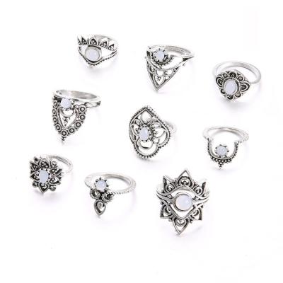 China TRENDY Silver Opal Flower Lotus Knuckle Hollow Ring Set Party Statement Ring Jewelry for sale