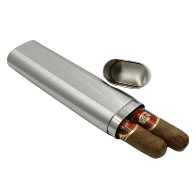 China Portable Vintage 304 Stainless Steel Cigar Case Double Brushed Oval Cigar Tube 2 Cigar Holder Pocket Container for sale