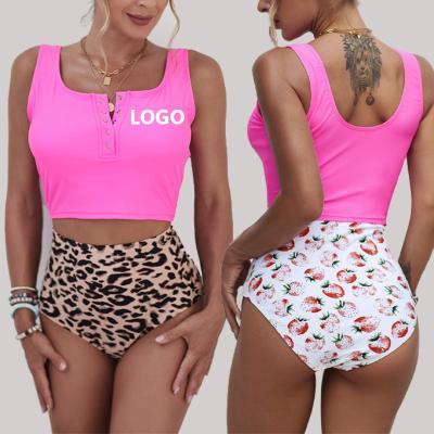 China Custom Logo Bikinis Woman Square Print Sleeveless Above Neck Crop Swimwear Swim Bikini Women Swimwear for sale