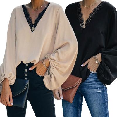 China Fashionable Woman Lace Patchwork V Neck Vintage Blouse Breathable Shirts Sheath Long Women Tops and Blouses for sale