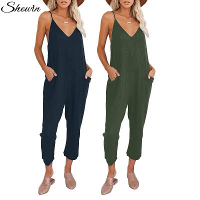 China Newest Design Breathable Elegant Cami Jumpsuit Ladies Wide Leg Sleeveless Loose V-Neck Women Overalls Solid Color for sale