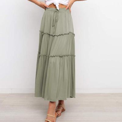 China Breathable Summer Solid Frill Draped Drawstring High Waist Women Long Layered Ruffle Maxi Skirt for sale