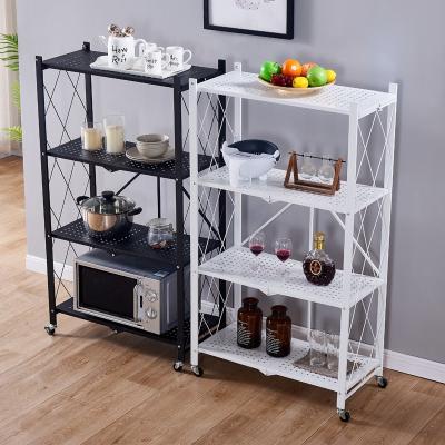 China Sustainable Metal 3 Layer Adjustable Floor Standing Folding Kitchen Storage Organizer 4 Tier Kitchen Microwave Shelf Rack Foldable Shelves for sale