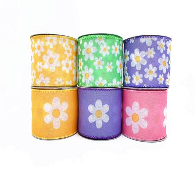 China Recyled HhongyiCustomized Floral Ribbon Daisy Flower Burlap Wired Ribbon 2.5 Inch Summer Spring Yarn for Wreath Bows Crafts for sale