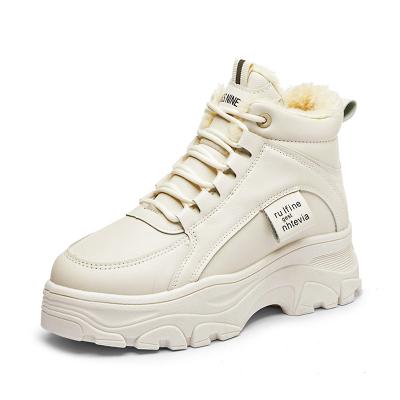 China Anti-skid Female Models Heighten Martin Boots Beige Leather Short High Top Winter Boots White Shoes Small Warm Plus Velvet Women's Shoes for sale