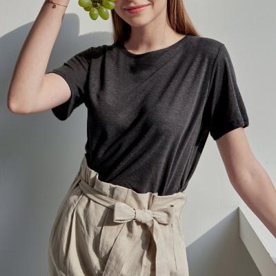 China Sustainable Streetwear Women Top Casual Loose O-Neck Short Sleeve Stitches Cotton Canvas Knitted T-Shirt for sale