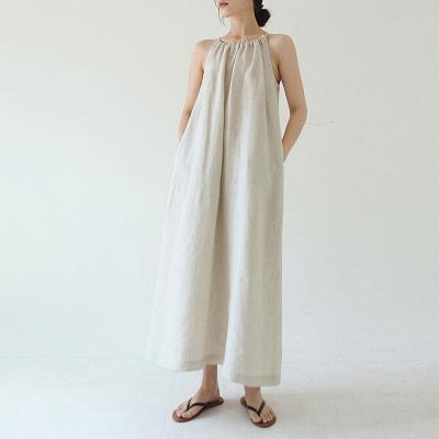 China 100% Halter Canvas Sleeveless Back Bandage Women Breathable Woven Ladies Maxi Dress Long for sale