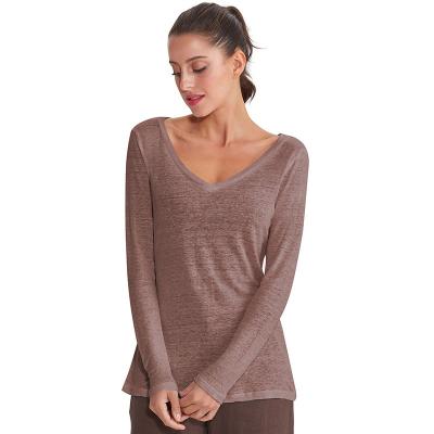 China Sustainable Wholesale Casual 100% Canvas Long Sleeve V-Neck Women Bending Shirts T-Shirts for sale