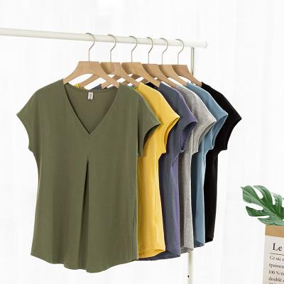 China Women Girls Cotton Breathable Spandex Casual Plain Dyed Short Sleeve V-Neck T-Shirts S-5XL for sale