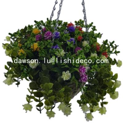 China Gardening exhibit factory direct plastic greenry leaves artificial flower hanging basket for garden home decoration for sale