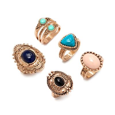 China Elegant Selectable Five Women Fashion Indian Gold Ring Natural Stone Ring Set for sale