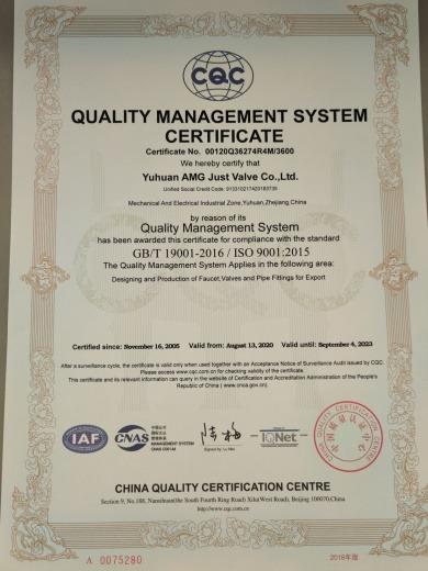 ISO9001 - Yuhuan Amg Just Valve Co., Ltd.