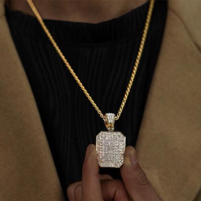 China Environmental Friendly Hot Selling Military 3D Square Pendant Pave Shining Diamond Cuban Stainless Steel Chain Pendant Necklace for sale