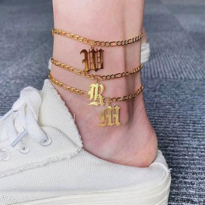 China Hiphop Hip Hop Non Tarnish 18K Gold Chain Anklet Summer Beach A~Z Cuban Linked Stainless Steel Large Initial Anklet for sale