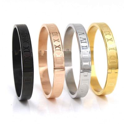 China TRENDY Gold Plated Stainless Steel Hip Hop Carving Roman Numeral Couple Bangle Jewelry for sale