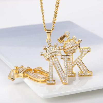 China TRENDY Custom 18k Gold Plated Hip Hop Stainless Steel Zircon Chain Alphabet Crown Initial Letter Pendant Necklace with Initials for sale