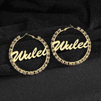 China Fashionable Stylish Rhinestone Large Letters Zircon Earrings Stainless Steel DIY Custom Earrings Shape Jewelry Institut Wind for sale