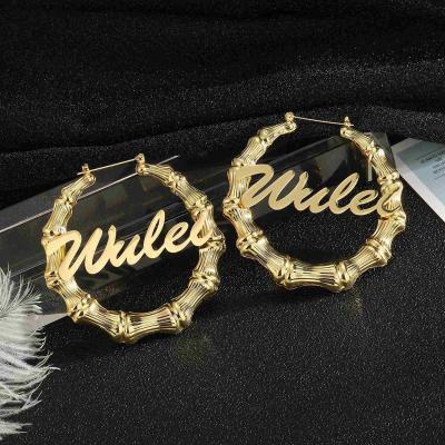 China Hiphop/TRENDY Fine Jewelry Custom Personalized Name Letter Circle Bamboo Earrings Charming Stainless Steel Trendy Custom Earrings for sale