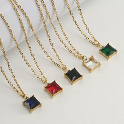 China Vintage Stainless Steel Square Diamond Big Crystal Gemstone Necklace 18k PVD Gold Plated Jewelry for sale