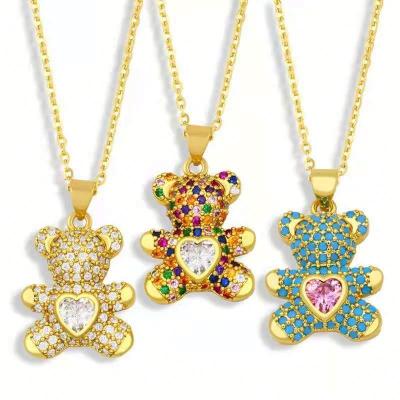 China TRENDY Cute 18K Gold Plated Crystal Rhinestone Zircon Copper Love Heart Teddy Bear Necklace Jewelry for sale