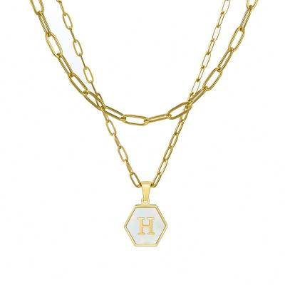 China TRENDY 18K PVD Gold Plated Double Layers Stainless Steel Hexagon Shell Initial Letter Necklace Women Wholesale Jewelry for sale