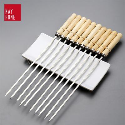 China Easily Cleaned Stainless Steel BBQ Skewer 10 Pack With Wooden Handle BBQ Kebaba Skewer Kit for sale