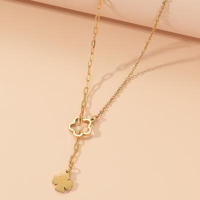 China Religious 18K Gold Plated Necklace Women Stainless Steel Two Heart Pendants Titanium Steel Cuban Chain Necklace for sale