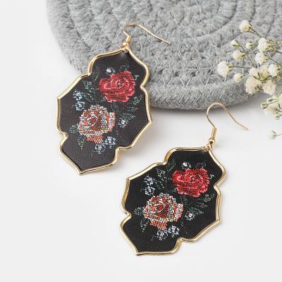 China 2022 TRENDY New Design Printed Metal Iron Stud Earrings Rose Color Black Diamond Gift For Girls for sale