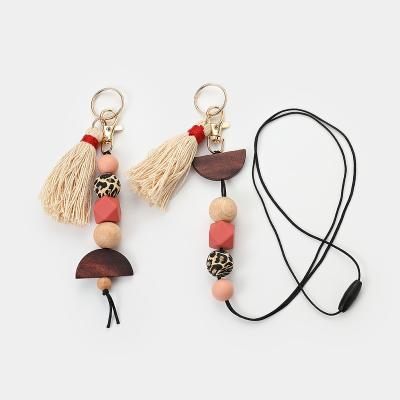 China Main Chain Shorts Lanyard Wood Necklace Cute Long Bag Fashion Leopard Print Silicone Tassel Set for sale