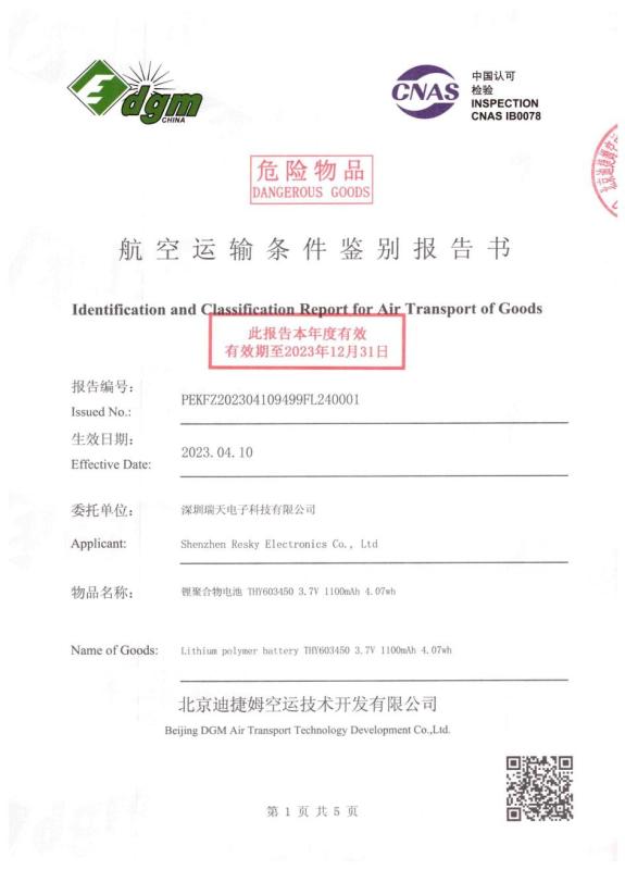 Identification and classification report for air transport of goods - Shenzhen Resky Electronics Co., Ltd.