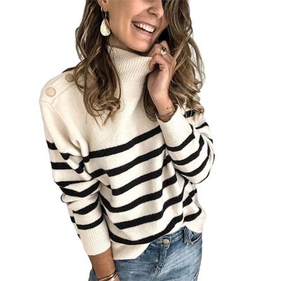 China High Quality Women's Breathable Loose Stripe Long Sleeve Turtle Top Neck Knitted Wild Sweater for sale