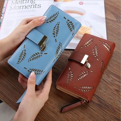 China 2020 Summer Anti-theft Women's Korean Long Wallet Purse Leaves PU Leather Hollow Pocket Zipper Card Bag for sale