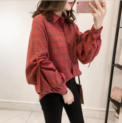 China 2020 autumn spring and plaid anti-pilling the new lace up sleeve blouse Korean large loose fashion soft lantern sleeve shirt women along for sale