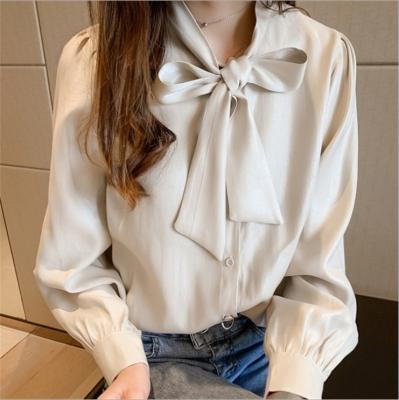 China News temperament anti-pilling bow spring satin shirt women's long sleeve bottom fashion show top loose slim shirt for sale