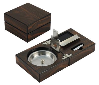 China Hot Selling Folding Wooden Walnut Cigar Ashtray With Cigar Cutter And Punch for sale