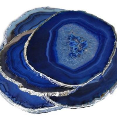 China Hot Selling Natural Blue Black Europe Amazon Agate Slice Holder Coaster With Gold Trim For Drinks Cup Holder Gift Set for sale