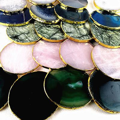 China Amazon Sustainable Bestselling Hot Selling Natural Black Agate Coaster Sets Candle Holder Slices With Gold Plating for sale