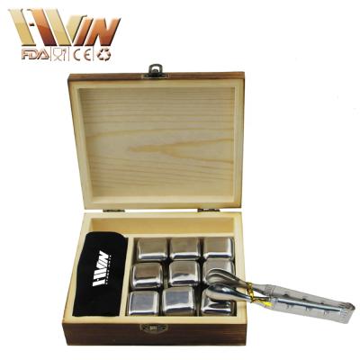 China Disposable Reusable Stainless Steel Whiskey Cubes Gift Set With Pine Wood Gift Box Set For Wine Cooling No Melt No Water Cold Good for sale