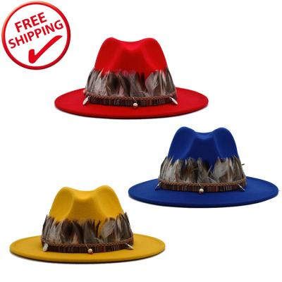 China Solid Color Big Wide Brim Hat Jazz Feather Decoration Ladies Brim Women Felt Hat for sale