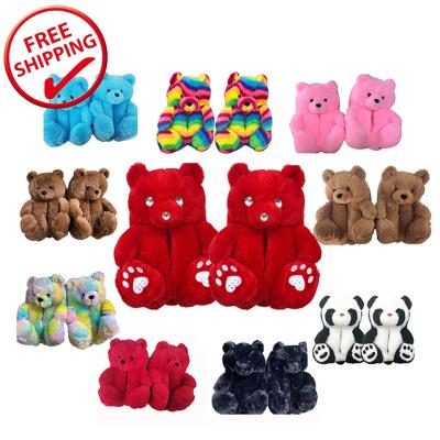 China Women's Children's Rainbow Plush Teddy Bear Home Slippers Plush Indoor Slippers Soft Anti-skid Wholesale Cartoon Slippers for sale