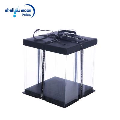 China Custom Recycled Food Grade PVC Materials Black Lid Clear Plastic Cake Box With Ribbon for sale