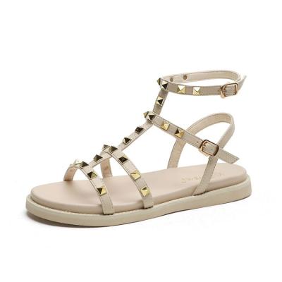 China Fashion Trend Sourceman Women's Flat Sandals Wholesale Women's Summer Sandals Gladiator Sandals With Ankle Strappy Hot Selling Studded Strap for sale