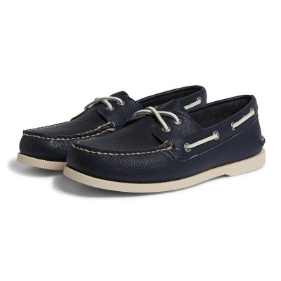 China Fashion Trend Mens Casual Shoes Factory Customized Contrast Laces Navy Boat Leather Shoes With White Rubber Sole for sale