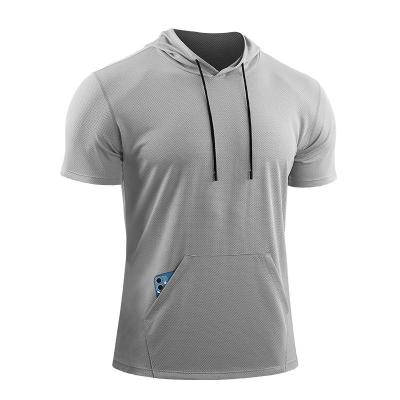 China Breathable Men's Training Hoodies Short Sleeve Recycled Polyester Hooded Workout T-shirt Quick Dry Sportswear for sale